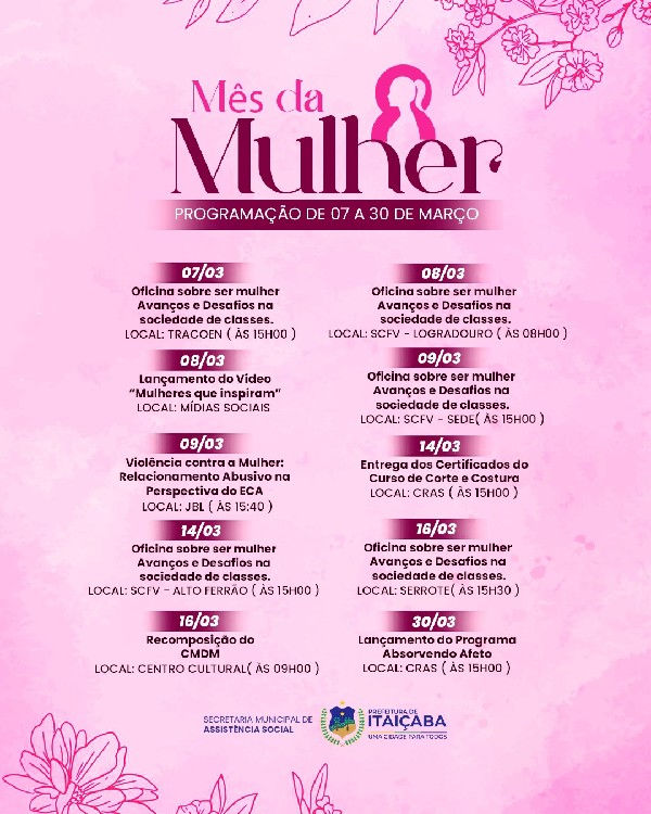 Programação especial em Itaiçaba celebra o Mês da Mulher com diversas atividades gratuitas e abertas ao público